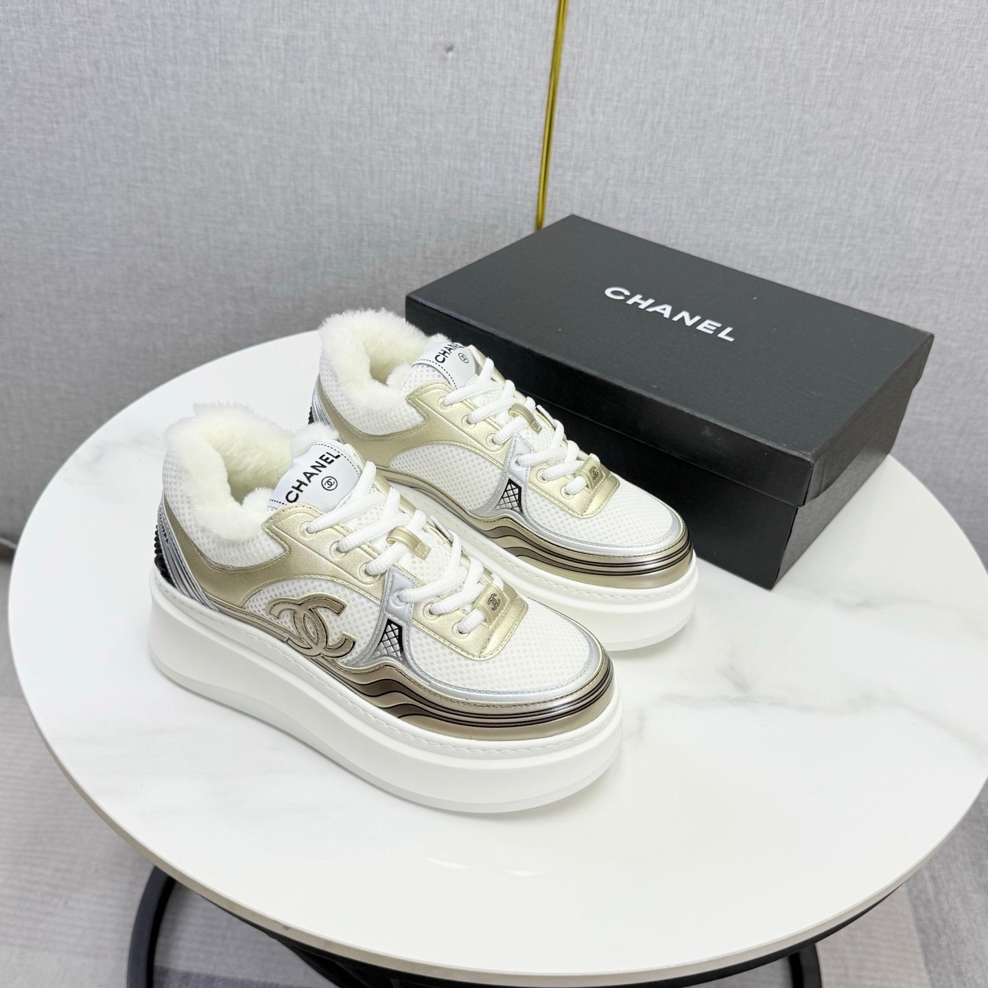 CC 26s Platform Sneakers Light Gold White Quilted Calfskin Shearling 972888