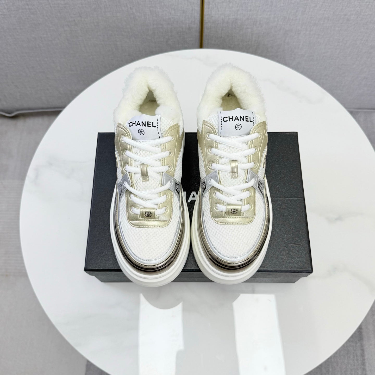 CC 26s Platform Sneakers Light Gold White Quilted Calfskin Shearling 972888