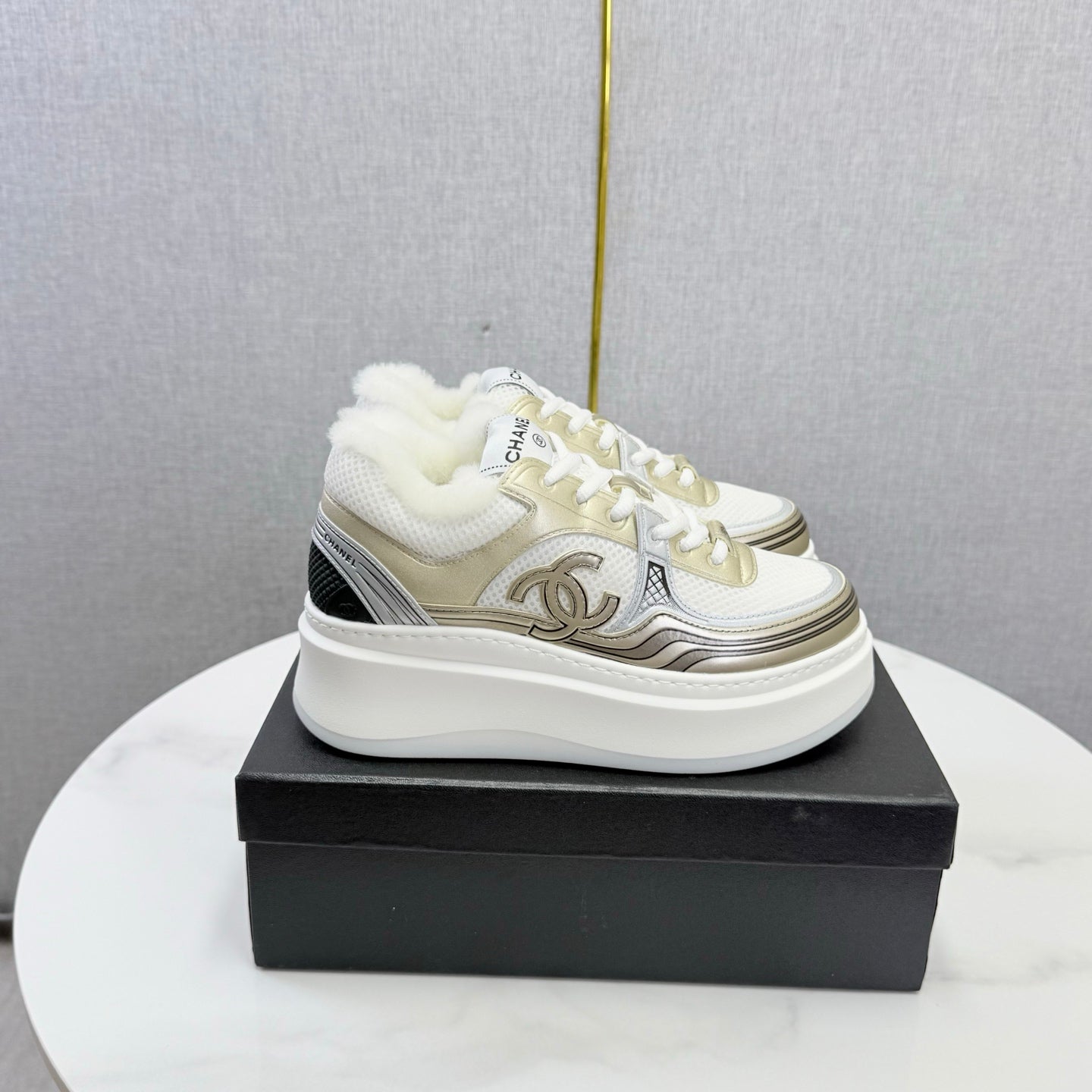 CC 26s Platform Sneakers Light Gold White Quilted Calfskin Shearling 972888