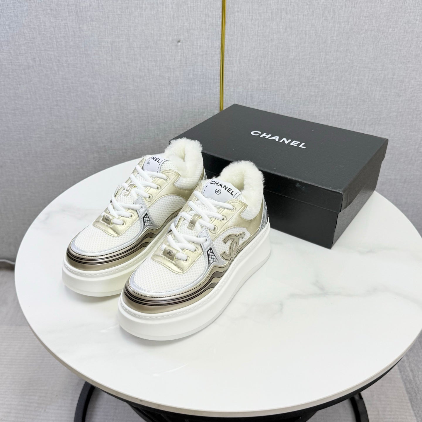 CC 26s Platform Sneakers Light Gold White Quilted Calfskin Shearling 972888