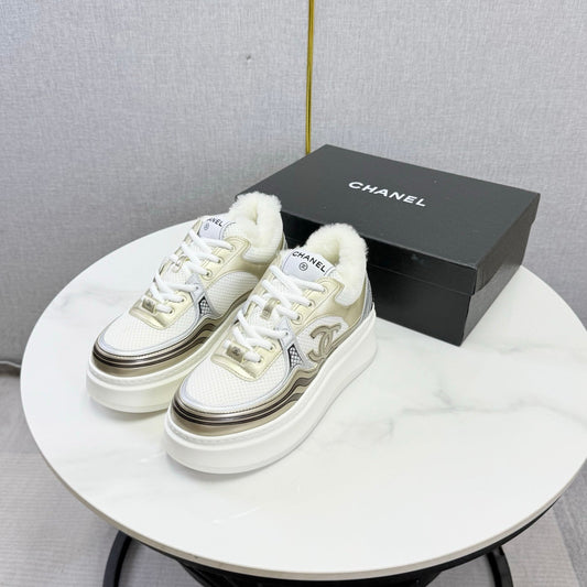 CC 26s Platform Sneakers Light Gold White Quilted Calfskin Shearling 972888