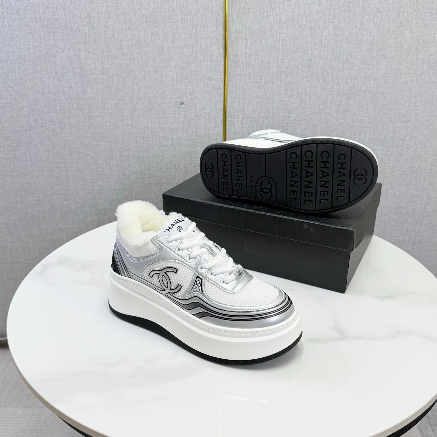 CC 26s Platform Sneakers Sliver White Quilted Calfskin Shearling 972889