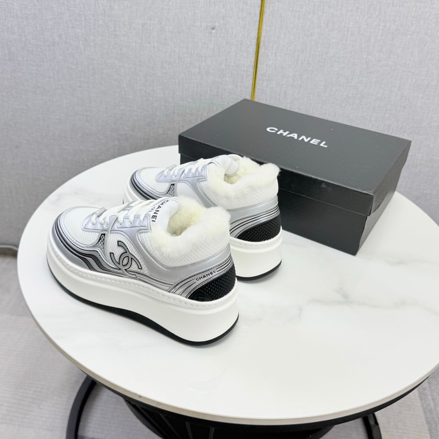 CC 26s Platform Sneakers Sliver White Quilted Calfskin Shearling 972889
