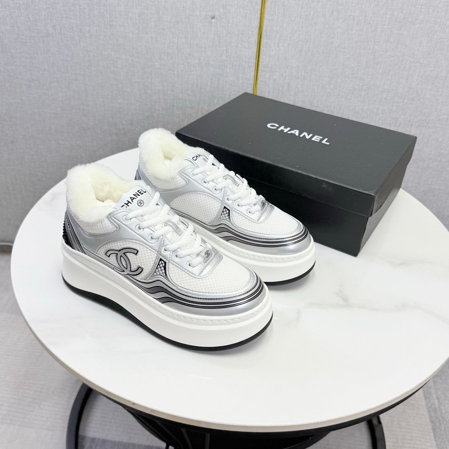 CC 26s Platform Sneakers Sliver White Quilted Calfskin Shearling 972889