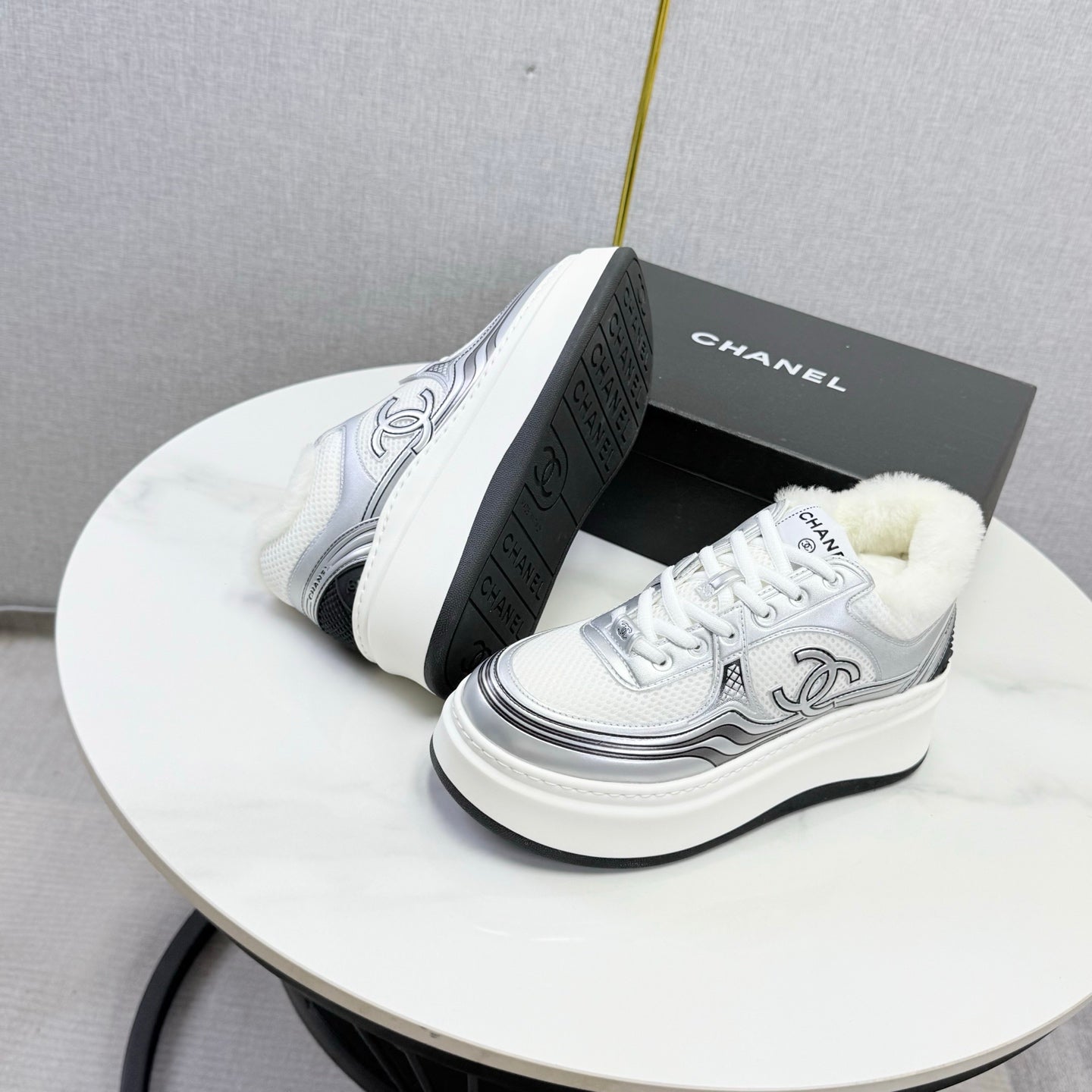 CC 26s Platform Sneakers Sliver White Quilted Calfskin Shearling 972889