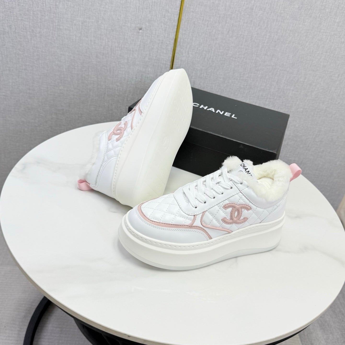 CC 26s Platform Sneakers Pink White Quilted Calfskin Shearling 972890
