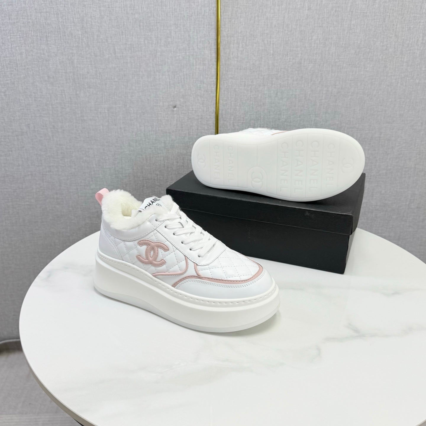 CC 26s Platform Sneakers Pink White Quilted Calfskin Shearling 972890