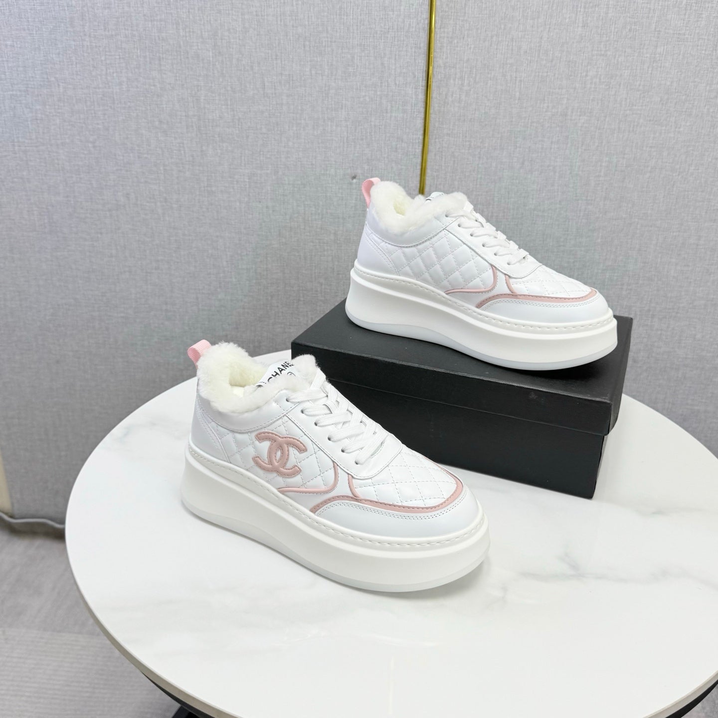 CC 26s Platform Sneakers Pink White Quilted Calfskin Shearling 972890