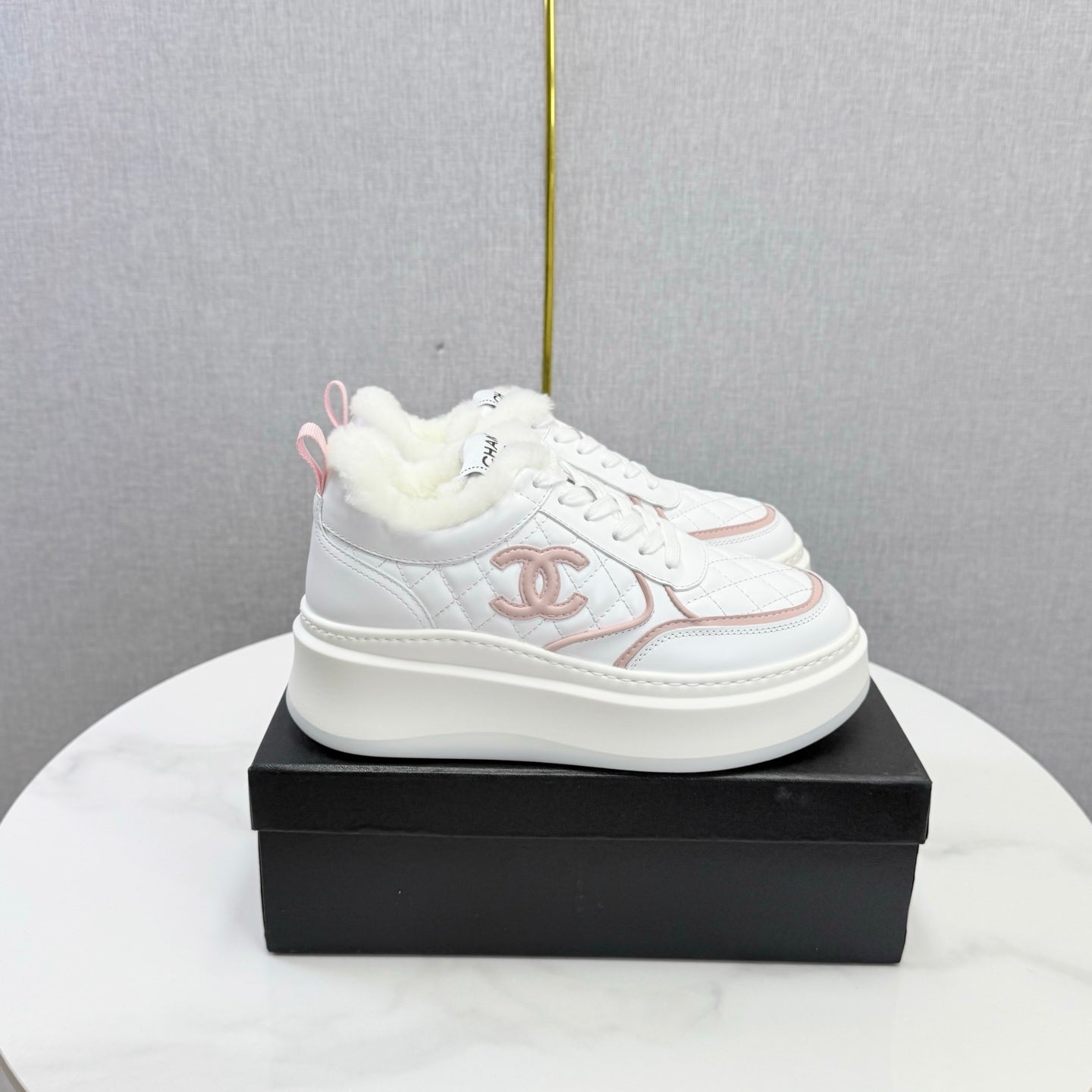 CC 26s Platform Sneakers Pink White Quilted Calfskin Shearling 972890