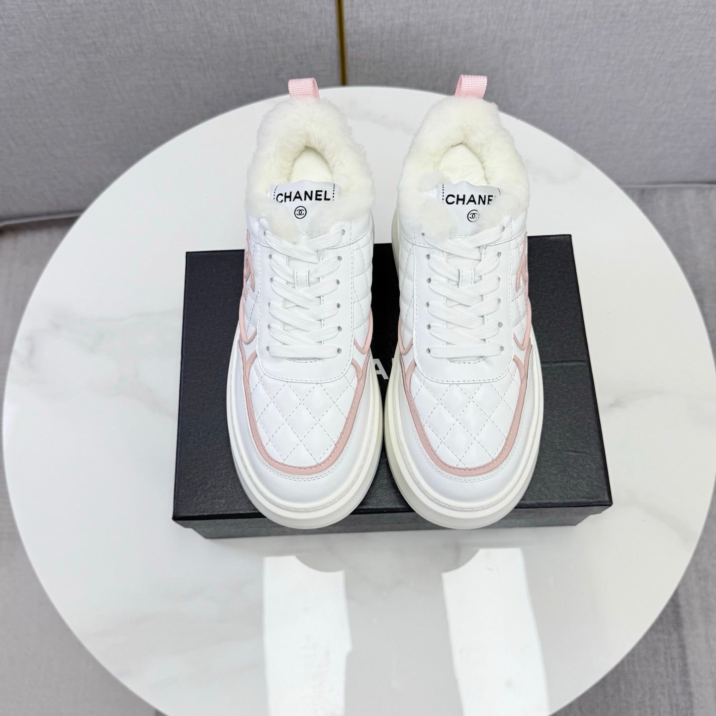 CC 26s Platform Sneakers Pink White Quilted Calfskin Shearling 972890