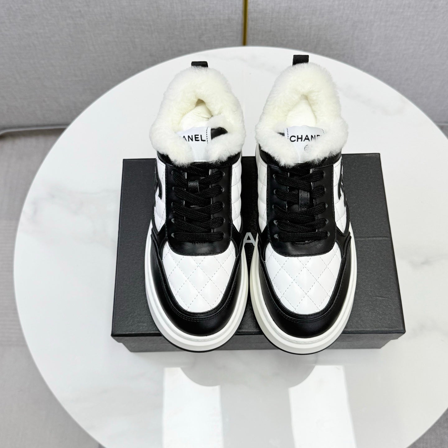 CC 26s Platform Sneakers Black White Quilted Calfskin Shearling 972892