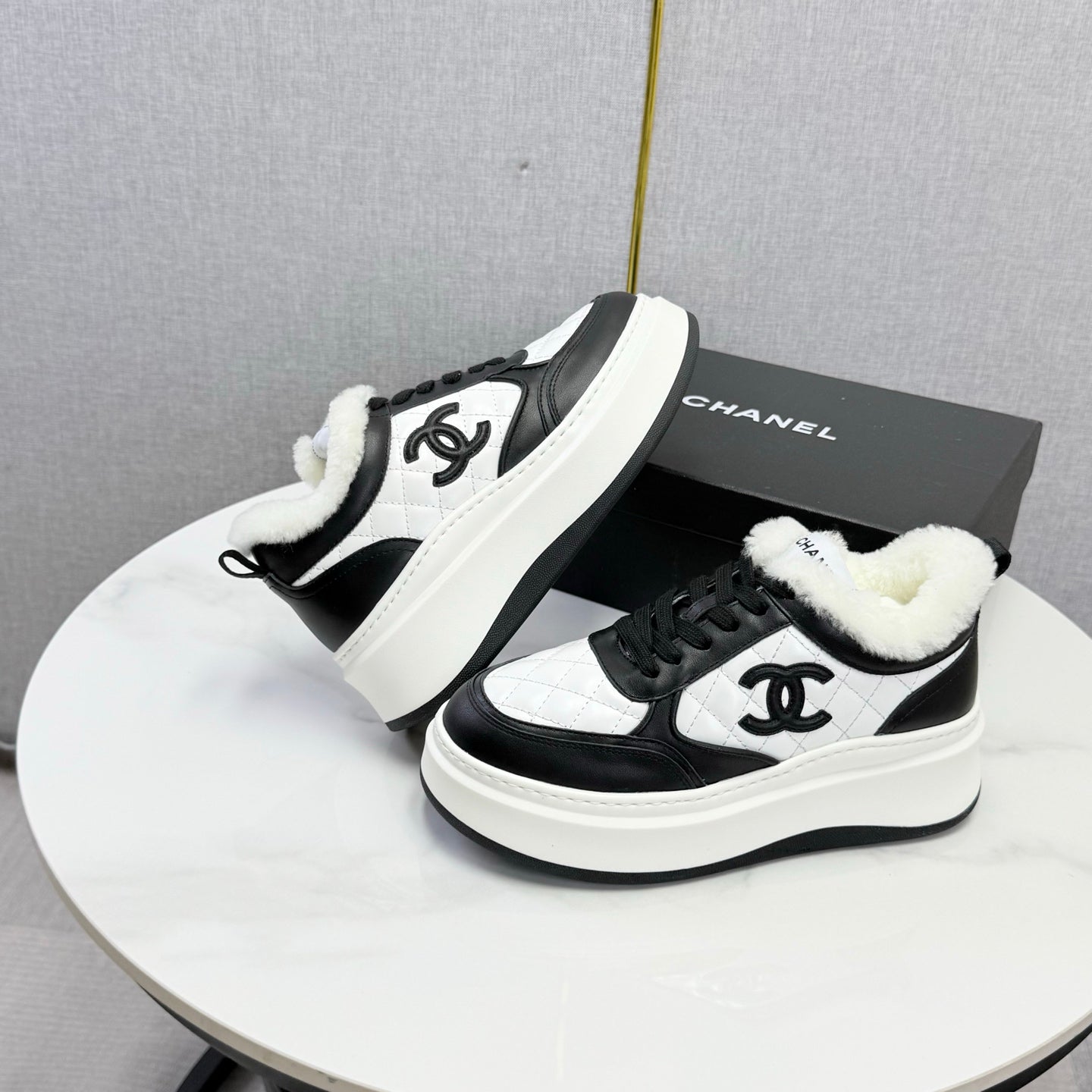 CC 26s Platform Sneakers Black White Quilted Calfskin Shearling 972892