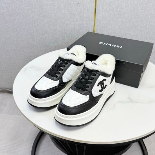 CC 26s Platform Sneakers Black White Quilted Calfskin Shearling 972892