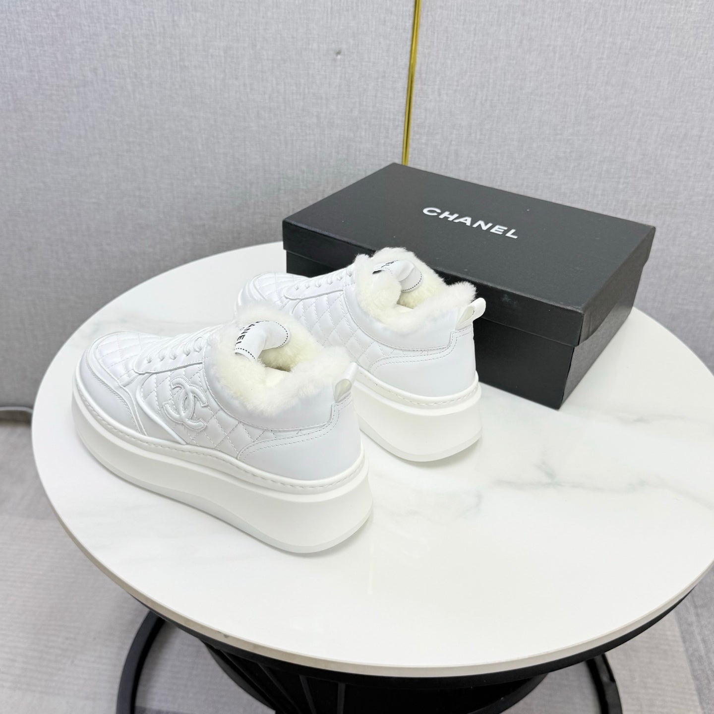 CC 26s Platform Sneakers White Quilted Calfskin Shearling 972893