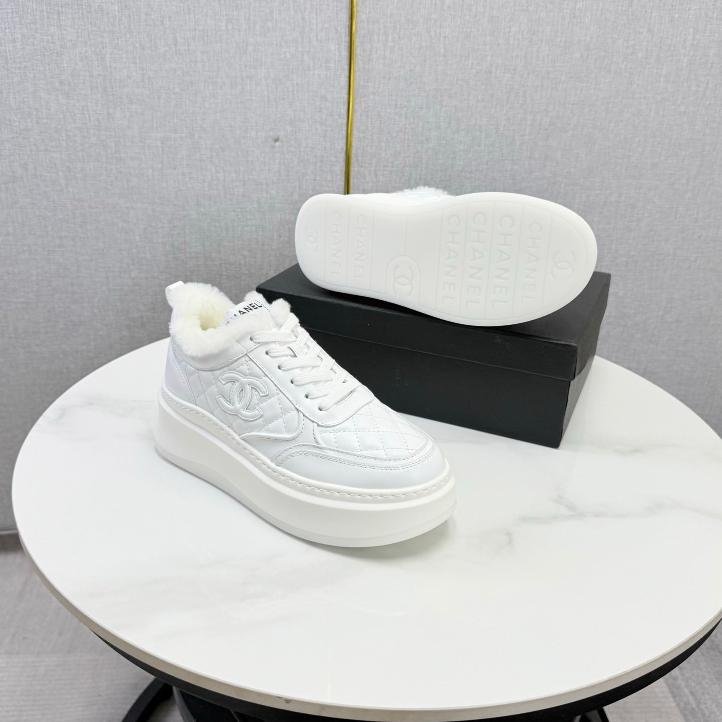 CC 26s Platform Sneakers White Quilted Calfskin Shearling 972893