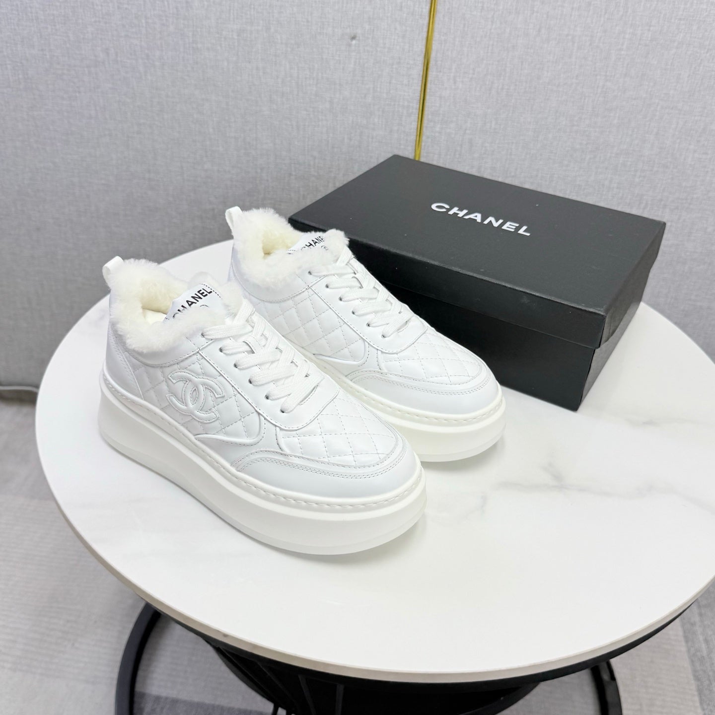 CC 26s Platform Sneakers White Quilted Calfskin Shearling 972893