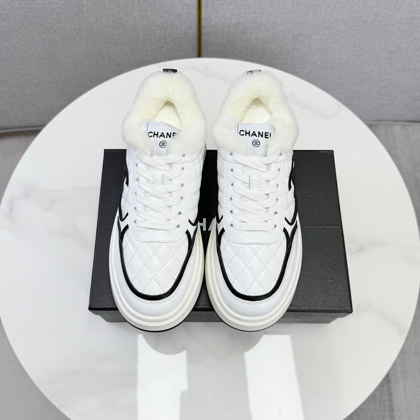 CC 26s Platform Sneakers White Quilted Calfskin Shearling 972894