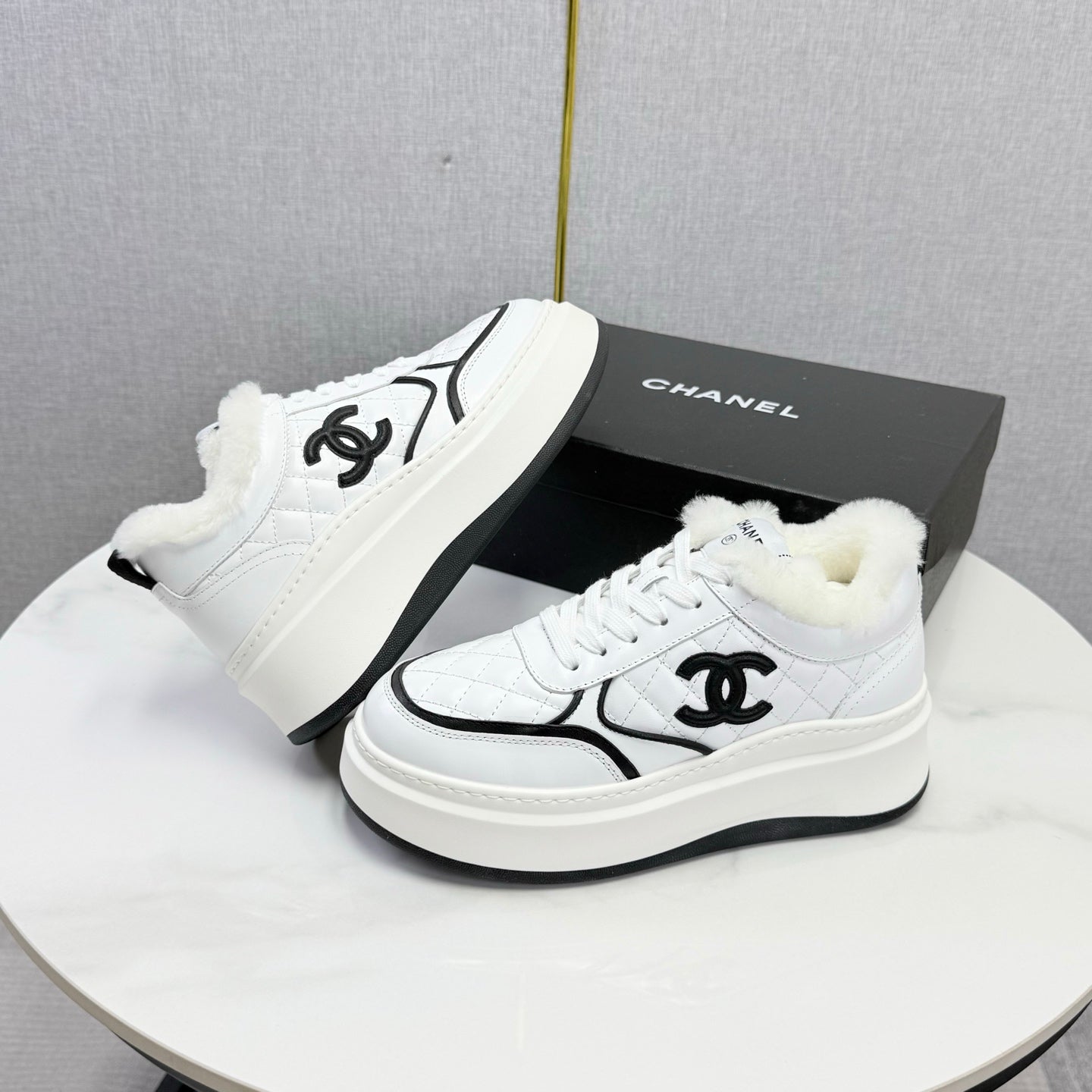 CC 26s Platform Sneakers White Quilted Calfskin Shearling 972894