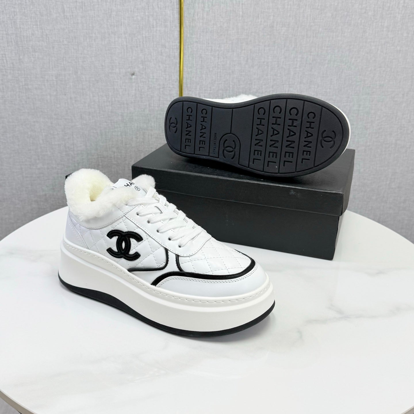 CC 26s Platform Sneakers White Quilted Calfskin Shearling 972894