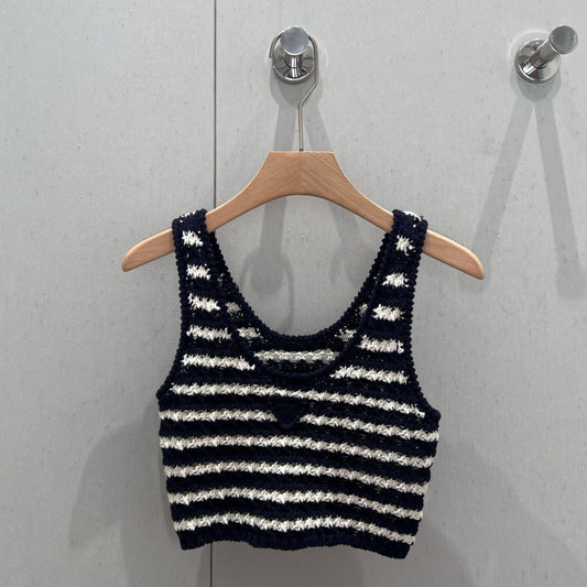 Prada 25 Striped Knitted Crop Top Navy Blue mix White Cotton 219409