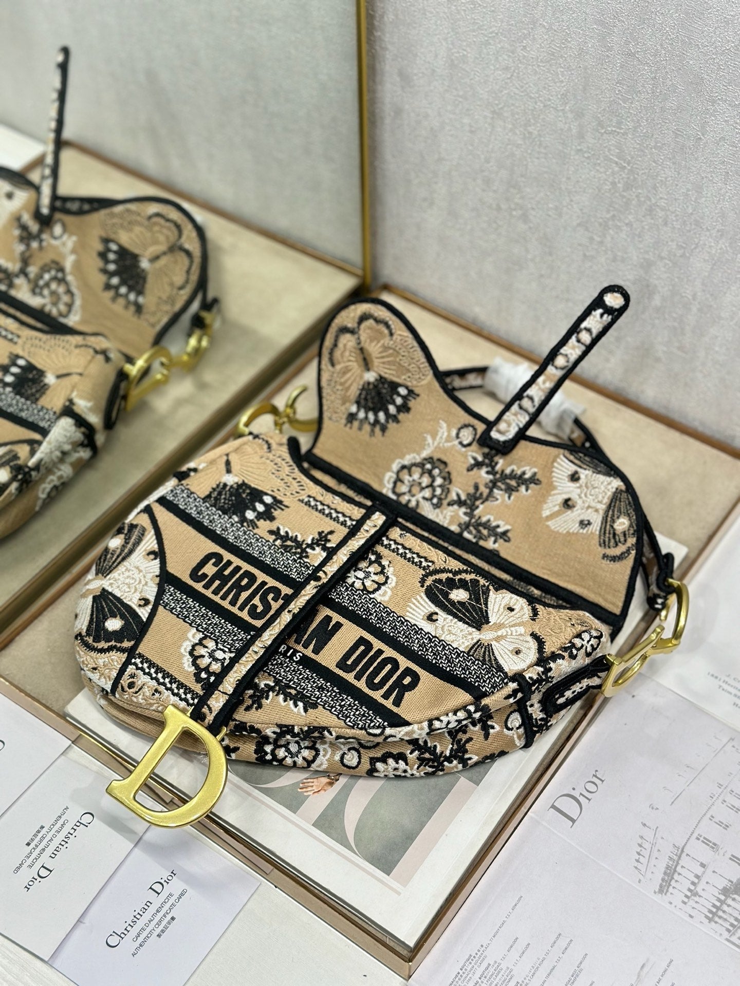Dior 2026 Butterfly Motifs Saddle Bag 25.5cm Light Brown mix Black Canvas 289476