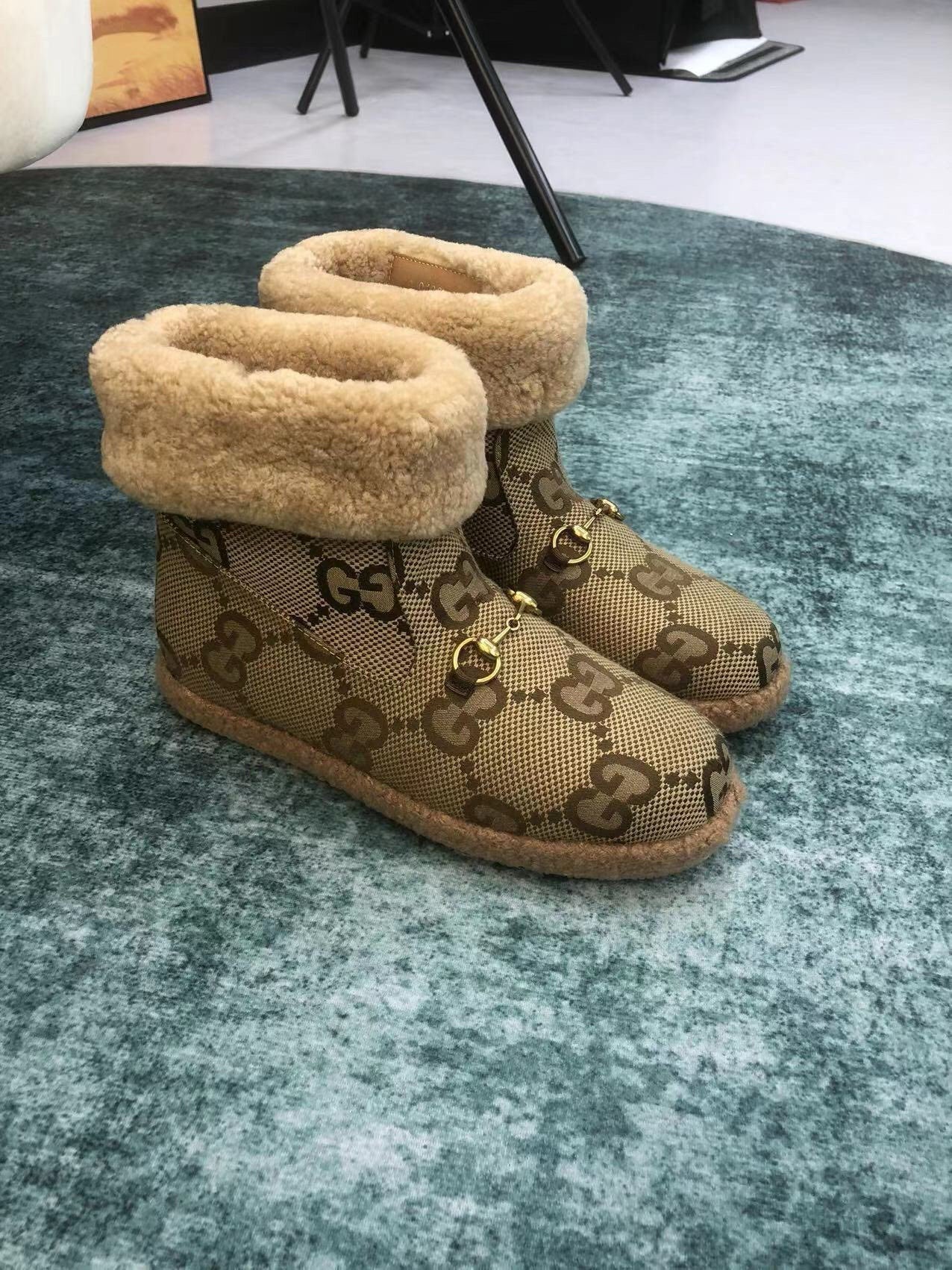 GG Horsebit Snow Boots Dark Beige Woolen Fabric Fleece 576252