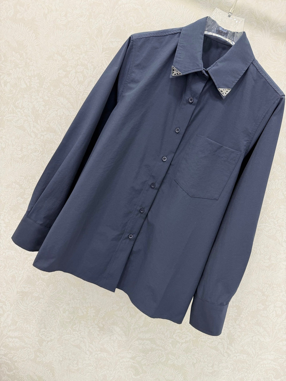 Prada 26s Shirt Classic Triangle Logo Decoration Navy Blue Twill Cotton