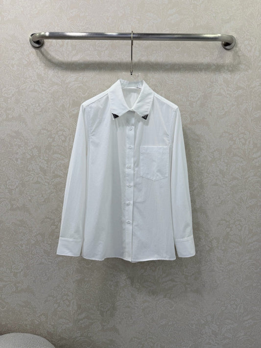 Prada 26s Shirt Classic Triangle Logo Decoration White Twill Cotton