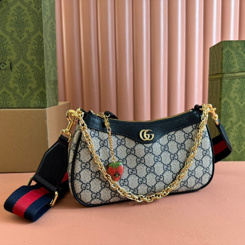 GG Ophidia Small Shoulder Bag Beige Blue Canvas Leather