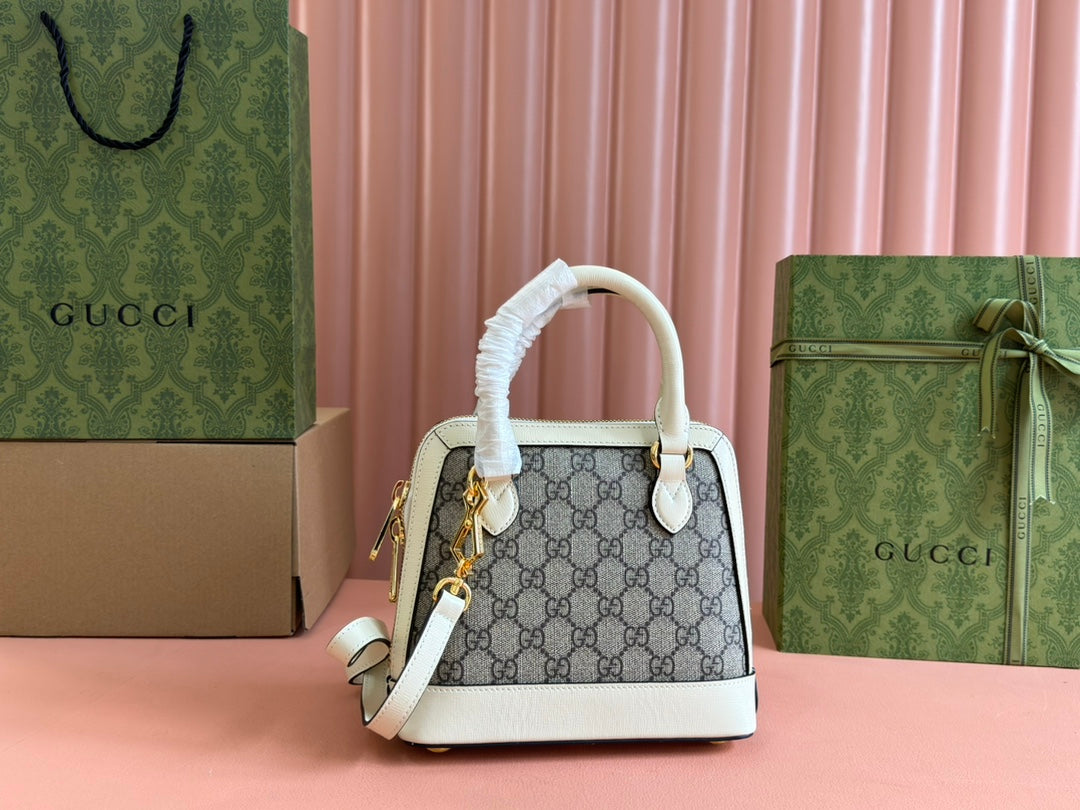 GG Horsebit 1955 Small Top Handle Bag Beige & White GG Monogram Fabric 272171