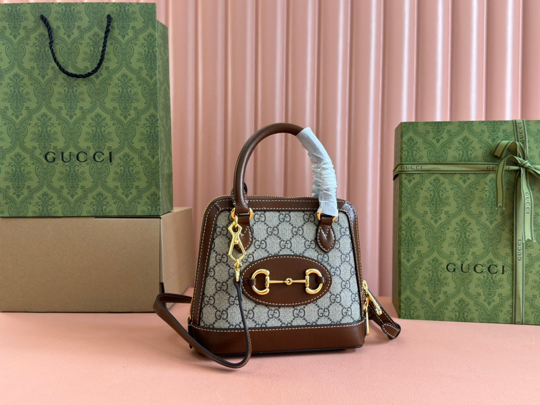GG Horsebit 1955 Small Top Handle Bag Beige & Black GG Monogram Fabric 272170