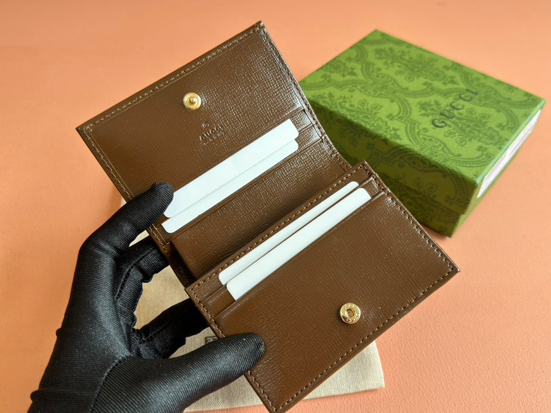 GG Horsebit 1955 Card Case Wallet Brown Beige Canvas Leather
