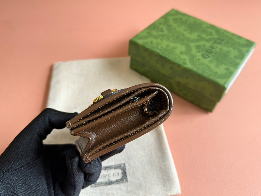 GG Horsebit 1955 Card Case Wallet Brown Beige Canvas Leather