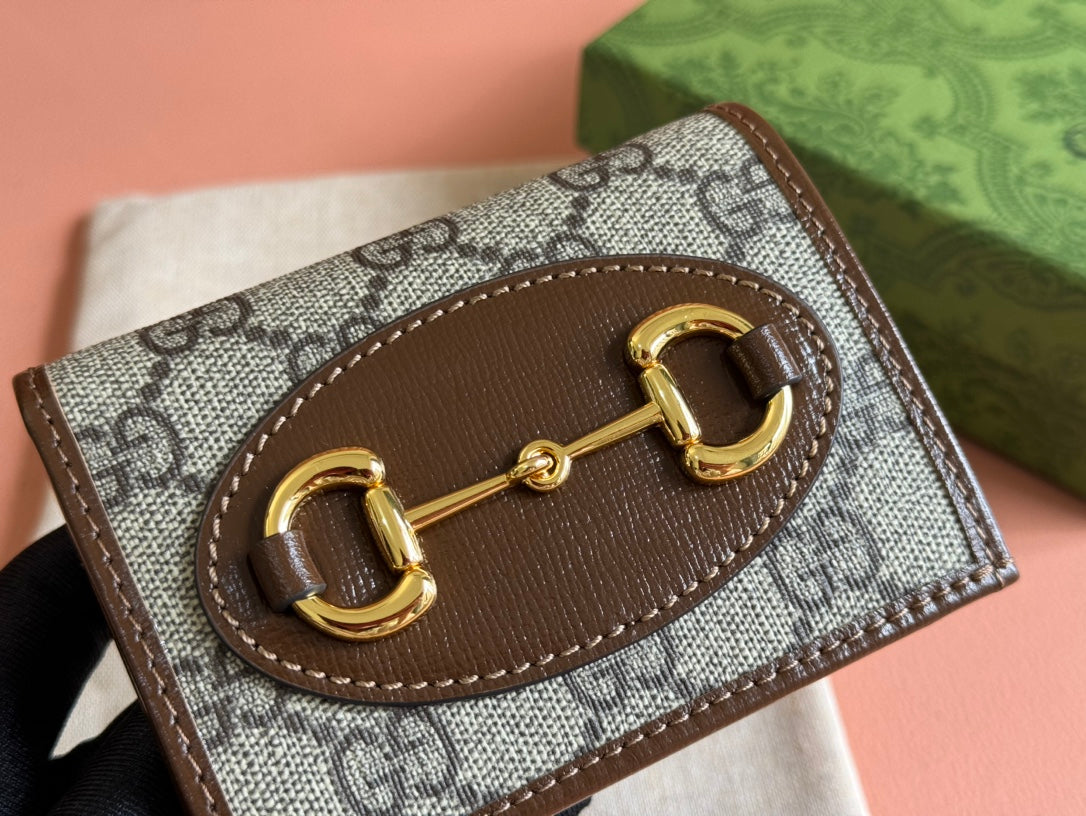 GG Horsebit 1955 Card Case Wallet Brown Beige Canvas Leather