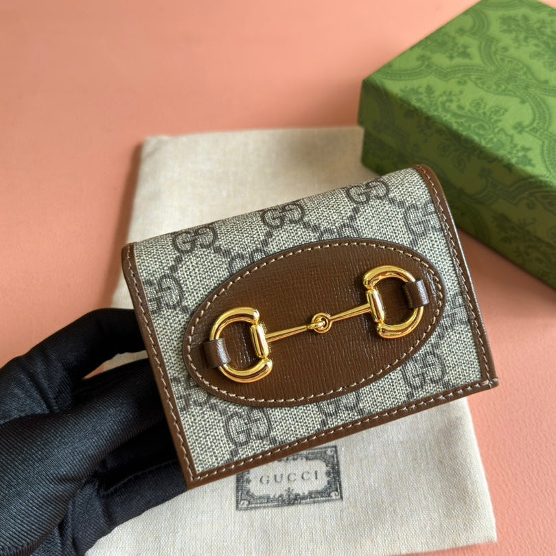 GG Horsebit 1955 Card Case Wallet Brown Beige Canvas Leather
