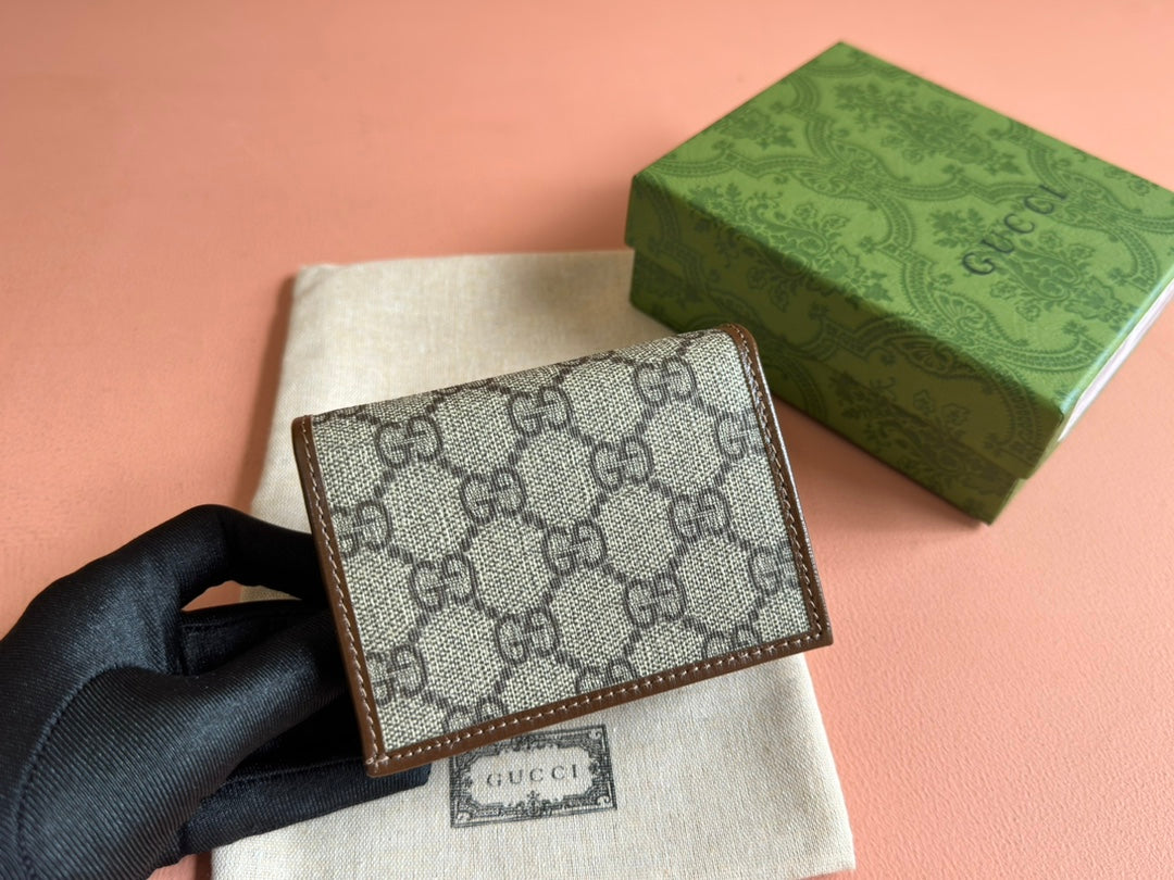 GG Horsebit 1955 Card Case Wallet Brown Beige Canvas Leather