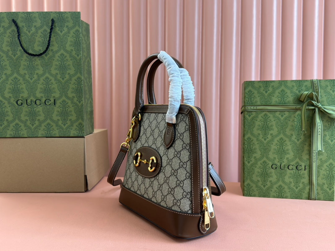 GG Horsebit 1955 Small Top Handle Bag Beige & Dark Brown GG Monogram Fabric 272173