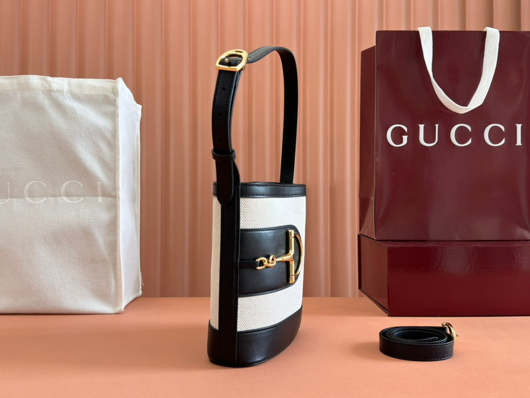Gucci 73 Mini Bucket Bag Black White Leather Canvas 239679