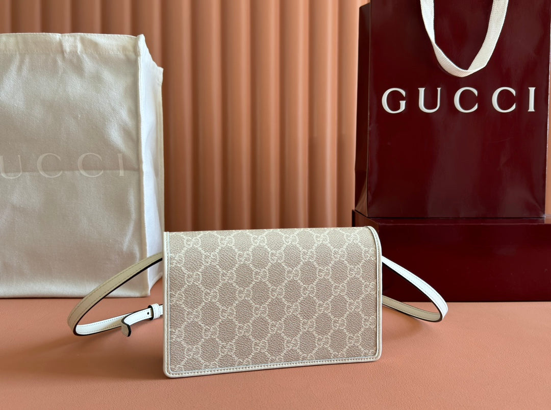 Gucci Emblem Mini Shoulder Bag Beige Green Canvas Leather 244543