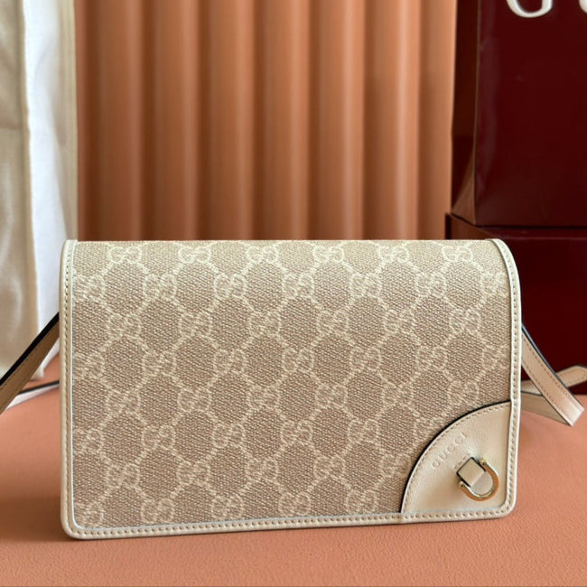 Gucci Emblem Mini Shoulder Bag Beige Green Canvas Leather 244543