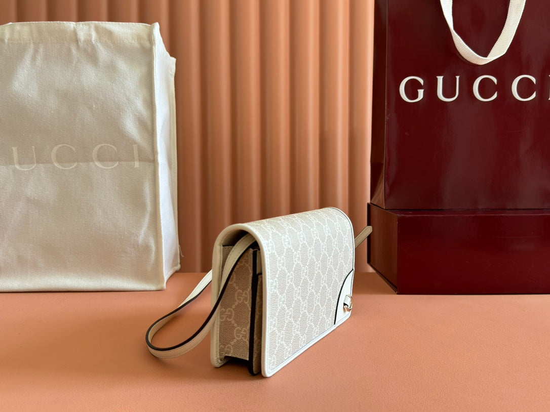 Gucci Emblem Mini Shoulder Bag Beige Green Canvas Leather 244543