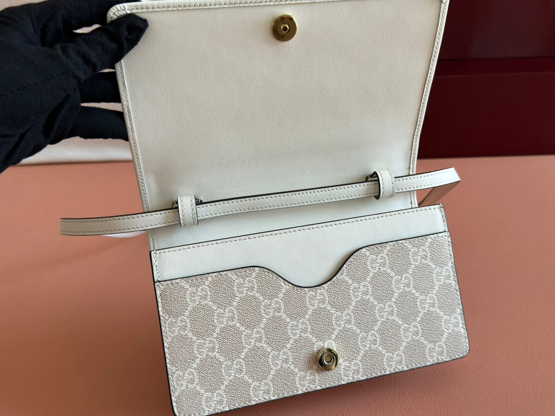 Gucci Emblem Mini Shoulder Bag Beige Green Canvas Leather 244543