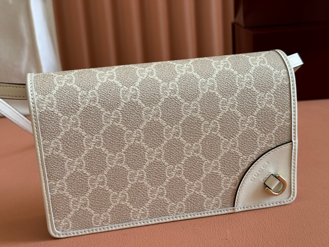 Gucci Emblem Mini Shoulder Bag Beige Green Canvas Leather 244543