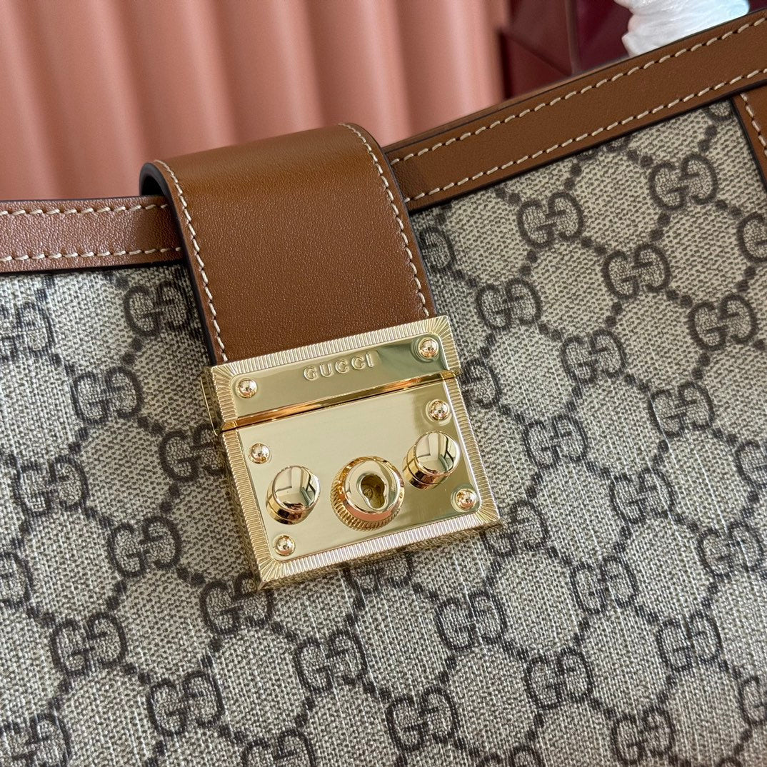 GG Padlock Medium Top Handle Bag Beige Brown Leather Canvas