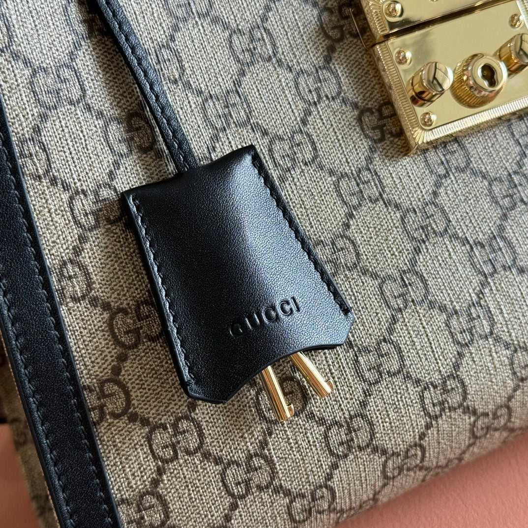 GG Padlock Large Top Handle Bag Beige Black Leather Canvas