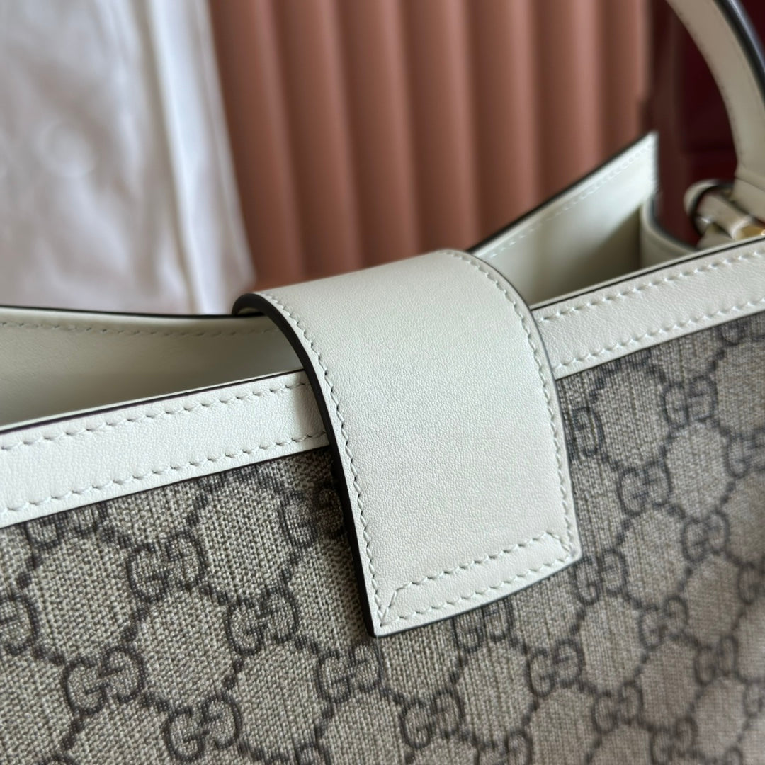 GG Padlock Medium Top Handle Bag Beige White Leather Canvas