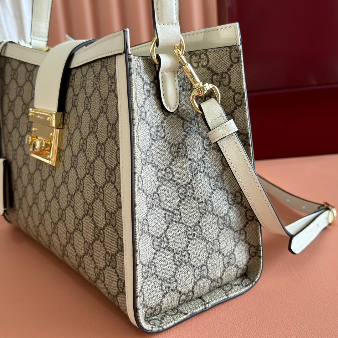 GG Padlock Large Top Handle Bag Beige White Leather Canvas