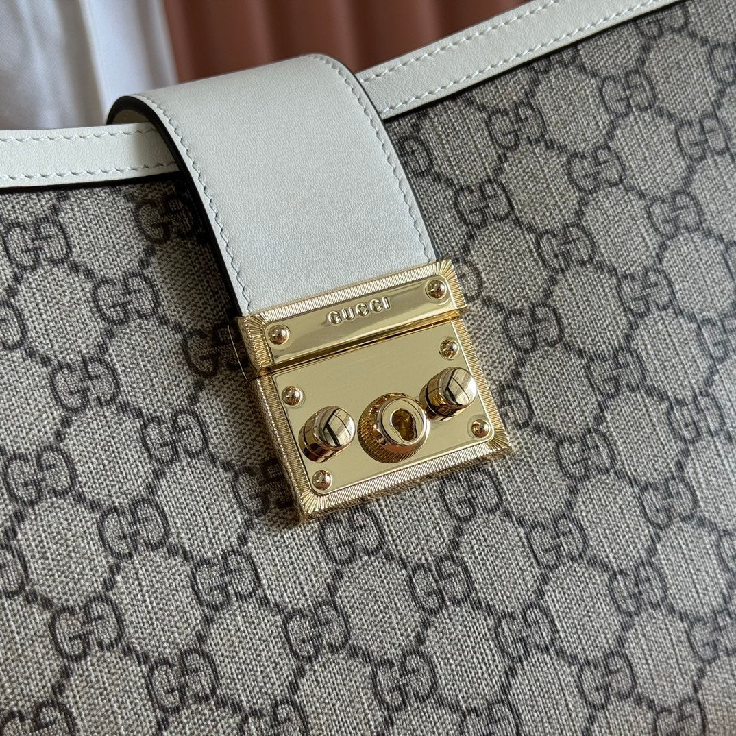 GG Padlock Large Top Handle Bag Beige White Leather Canvas