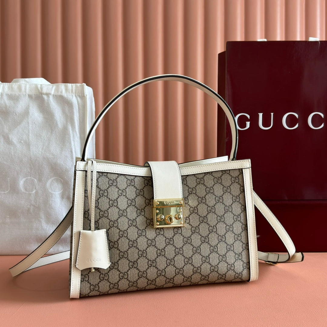 GG Padlock Large Top Handle Bag Beige White Leather Canvas