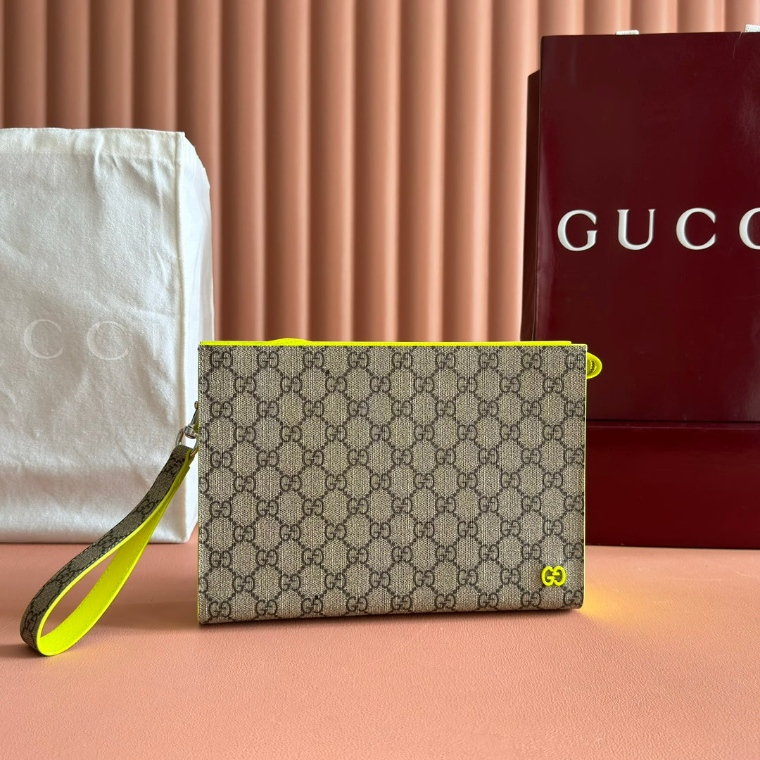 GG Small Bicolor Supreme Pouch Neon Beige Canvas Leather